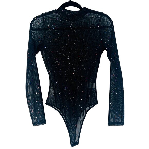 Lulus Black Sparkly Embellished Sheer Mesh Long-Sleeve Sexy Thong Bodysuit - Picture 12 of 15